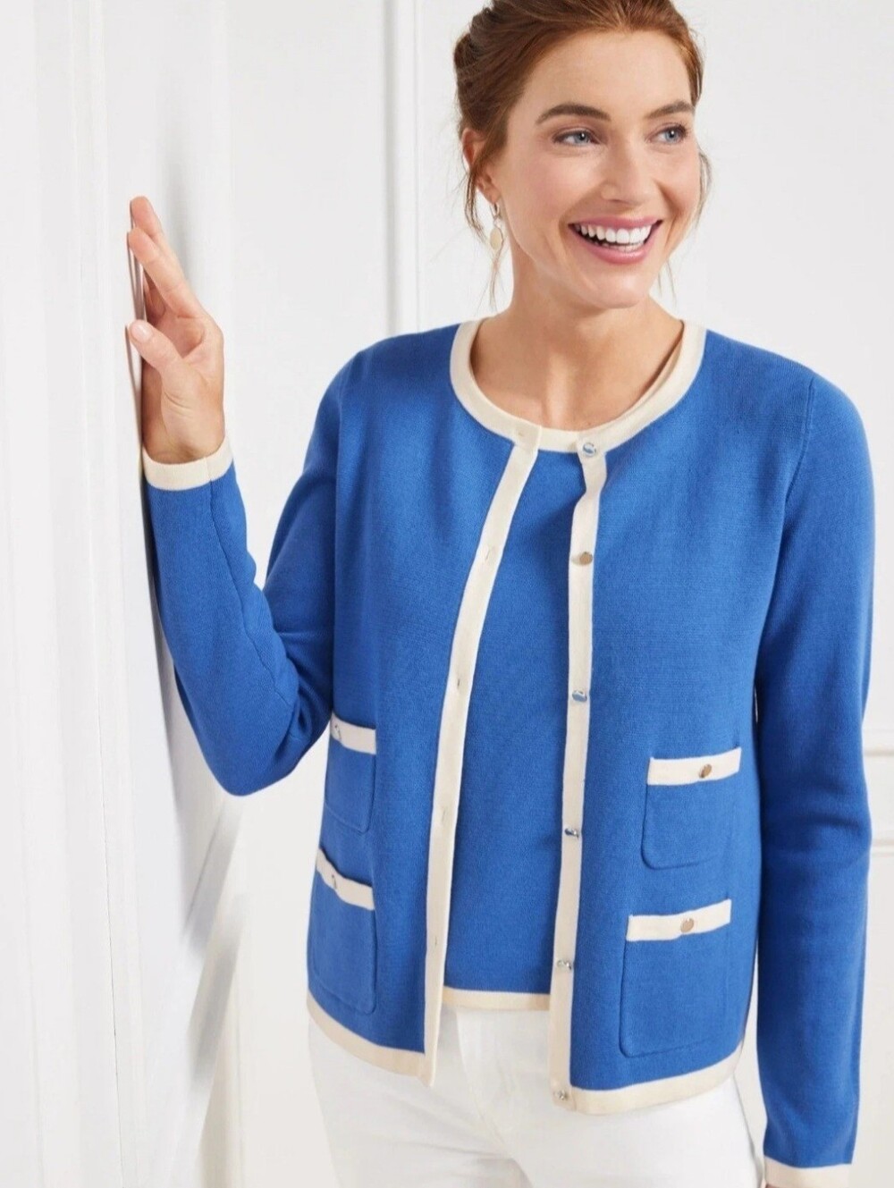 Talbots Tipped Grace Cardigan Sweater NWT Women's Sz Med Blue White